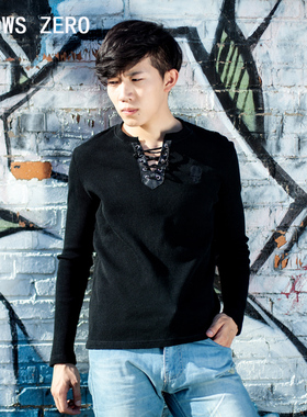 热血高校男士T恤骷髅绣花胸前绑带系带 真皮黑色韩版长袖体恤