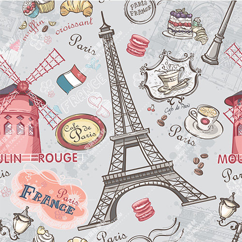 矢量素材源文件复古线稿卡通可爱手绘插画浪漫英伦巴黎铁塔背景