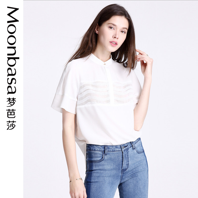 Moonbasa梦芭莎 2018夏装新品立领拼亮片落肩修身百搭衬衣女款