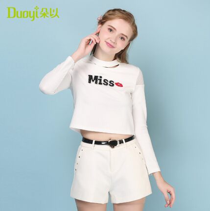 duoyi朵以专柜正品女春新款短款甜美百搭纯色长袖针织衫卫衣
