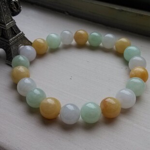 正品天然缅甸翡翠A货 女款三彩黄翡白冰玉珠子手串手链 特价 包邮