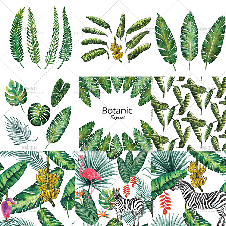 热带植物阔棕榈叶子斑马火烈鸟无缝图案手绘水彩EPS矢量设计素材