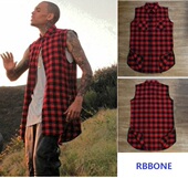 T恤街舞滑板侧拉链 chris 潮流t恤男 Tshirt 格子无袖 brown plaid