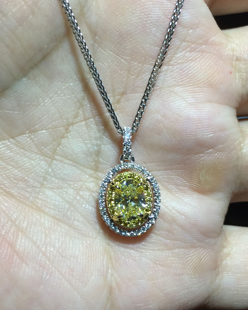 cy宝饰枕型椭圆形黄钻石豪华镶嵌吊坠项链18k白金pt900选钻定制