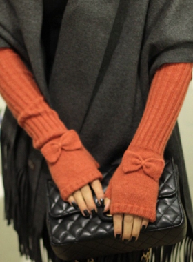 高品质斗篷长厚款羊毛手套大蝴蝶结甜美日系手套半指袖套女冬保暖