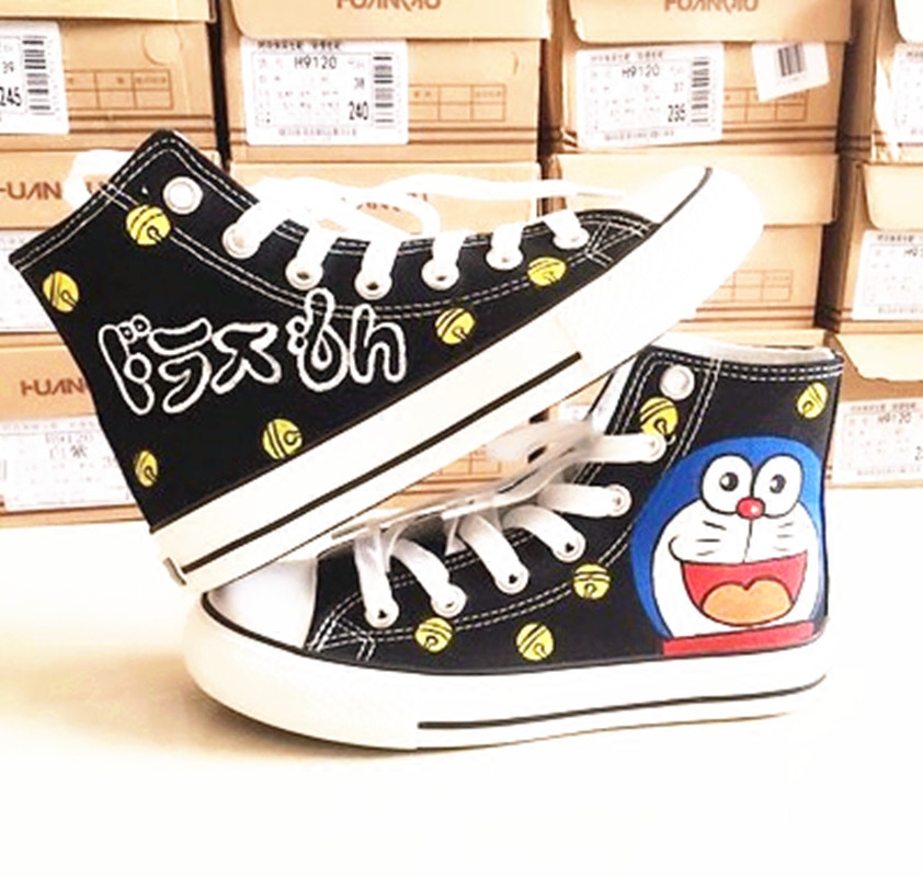 新款手绘动漫卡通高帮系带男女板鞋运动款插画装饰白底帆布鞋学生