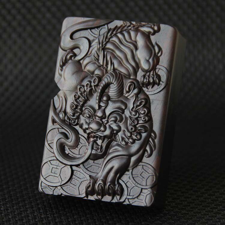 紫光檀 黑檀木 整料挖 红木 内嵌ZIPPO正品 貔貅木制木壳打火机