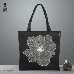 斐絮2023新 新派刺绣女包单肩手提森女白玉兰简约文艺帆布布