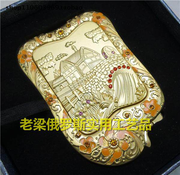 Z1俄罗斯锡合金属双面折叠化妆镜长方形金色优雅庄园小桥流水螺旋