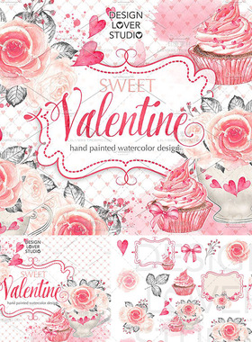 情人节粉红色牡丹玫瑰花卉婚礼请柬卡片手绘水彩PNG免抠图片素材