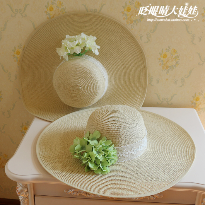 草帽大檐蕾丝花朵折叠遮阳帽子