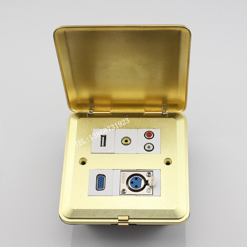 弹起式全铜地面插座VGA母卡侬音视频USB多媒体地插翻盖式六位地插