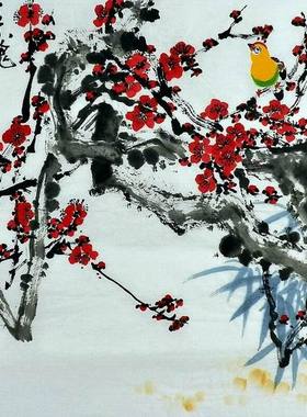 手工字画装饰画E020809赵一铭四尺斗方国画花鸟 梅花 红梅68 68