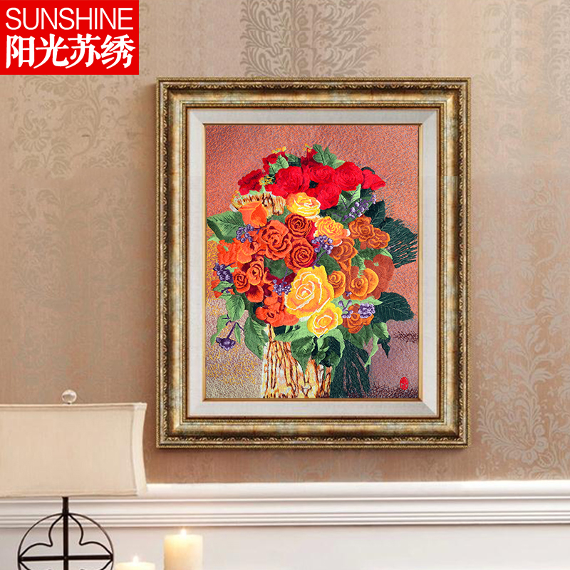 苏绣手工成品挂画苏州刺绣画客厅玄关卧室背景墙装饰画粉紫藤花卉图片