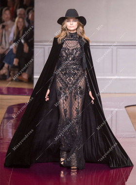 新款黑色丝绒宫廷披肩重工修身年会酒会红毯生日晚礼服新娘礼服