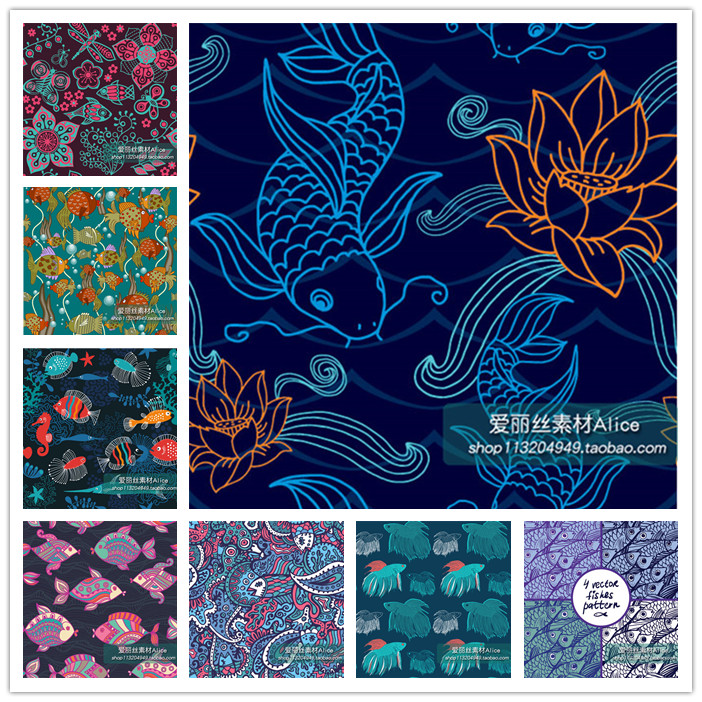 [342]彩色民族风格金鱼热带鱼四方连续背景图 AI矢量设计素材