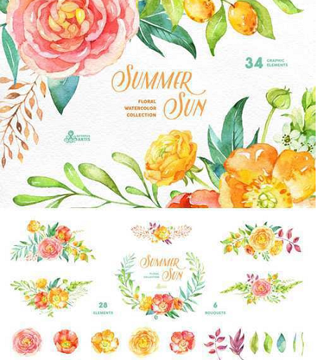 p0085高清ps设计素材 水彩清晰唯美花朵黄玫瑰绿色树叶png免抠