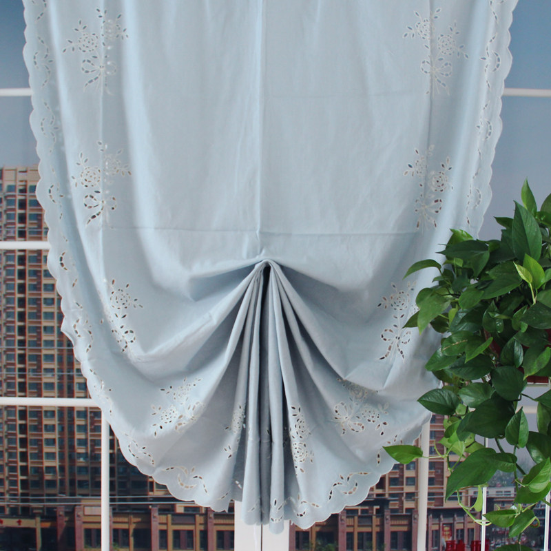 欧式复古风烟蓝色玫瑰花手工镂空提拉帘罗马帘卧室客厅半遮光窗帘