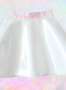 MSCHEAP原创 霹雳未来感90S 白色闪闪镭射夜光文字刺绣皮裙 SGC2