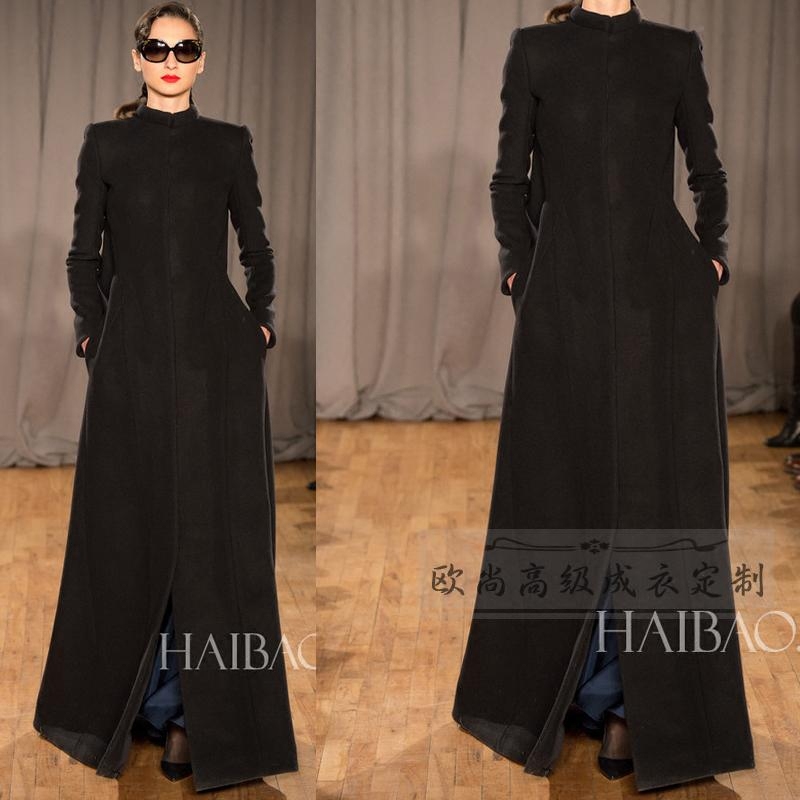 高级定制时装周走秀模特黑色立领羊绒大衣外套女超长款及脚踝长冬