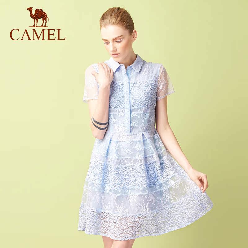 【非卖品】camel/骆驼女装夏季 甜美淑女浅蓝色蕾丝衬衫式短袖