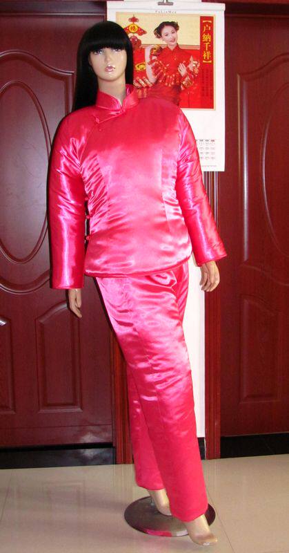 玫红镜面丝绸加厚复古风中式古典连袖大襟唐装棉袄棉裤定做
