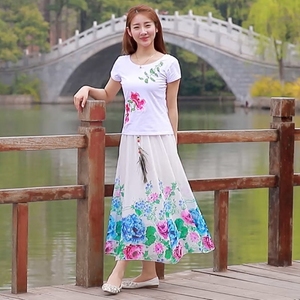 民族风长裙女夏雪纺印花高腰显瘦半身裙百搭仙女裙碎花大摆沙滩裙
