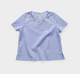 折 欧美女装 极简素雅棉氨宽松钉珠蓝色大码短袖上衣