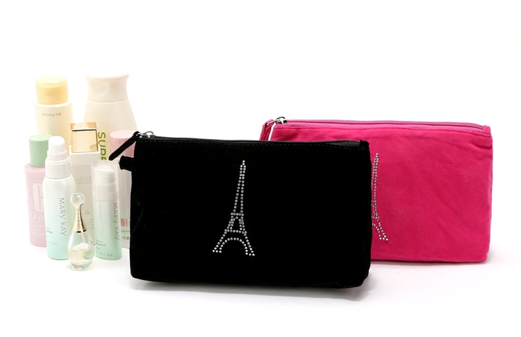日本杂志款镶钻法国埃菲尔铁塔  大容量桃皮绒美钻化妆包收纳包