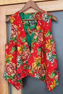 民族风大花棉麻布料一衣红绿两面穿背心坎肩前长后短不等式外搭