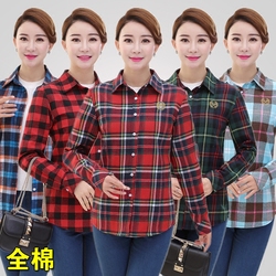 中老年纯棉衬衫女士长袖妈妈衬衣加肥加大码春夏全棉格子宽松上衣