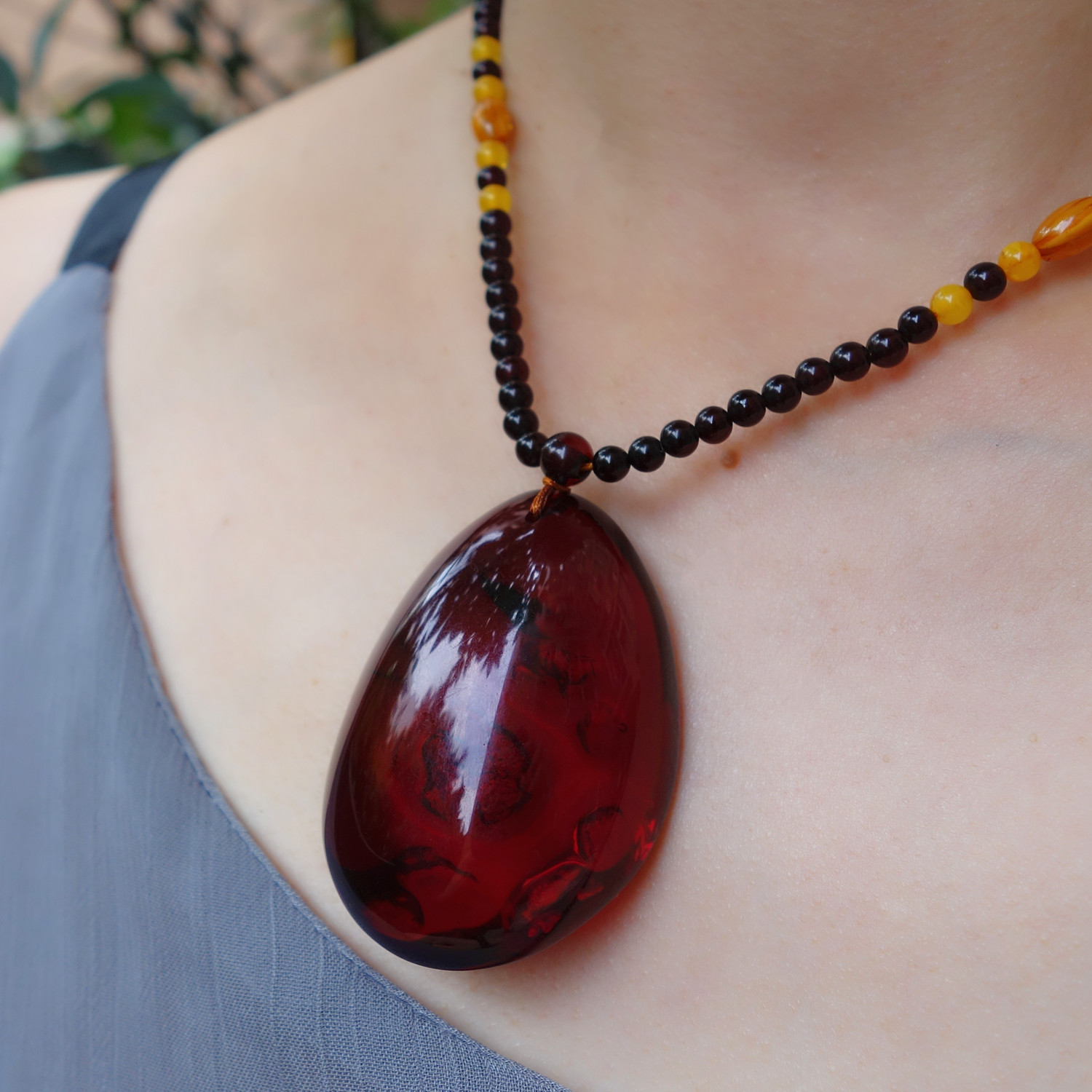 Natural jade pure handmade blood amber beeswax pendant short necklace long wool clothing chain
