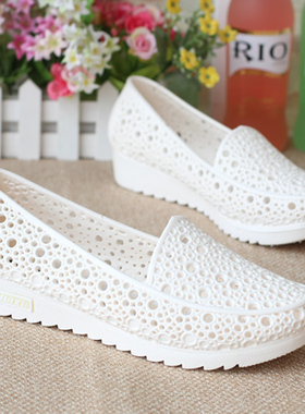 超软白色凉鞋镂空鸟巢洞洞鞋夏季平底防滑护士鞋凉鞋妈妈鞋工作鞋