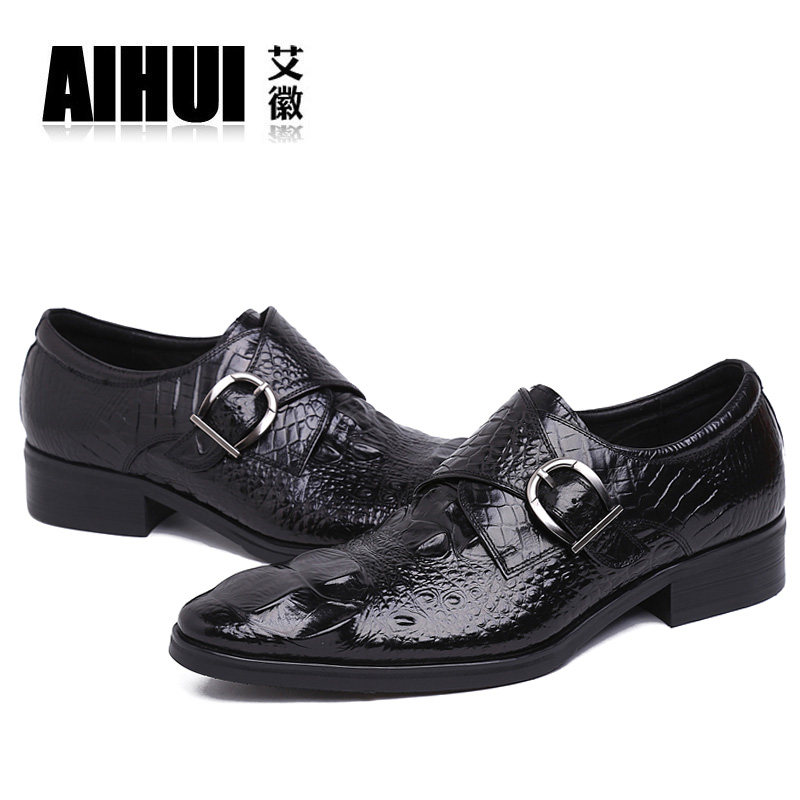 真皮男士英伦商务正装皮鞋鳄鱼纹搭扣尖头男鞋子头层牛皮青年透气
