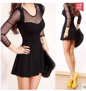 镂空包臀连衣裙大码 显瘦网纱拼接圆领打底裙黑色长袖 修身 秋冬韩版