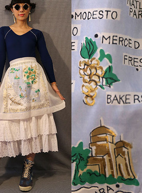 1950s vintage 白色半透明纱质地图图案古董半身围裙