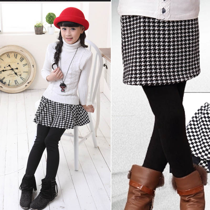 2023韩版秋冬儿童千鸟格裙裤女童加绒加厚打底裙裤爆款包邮假两件