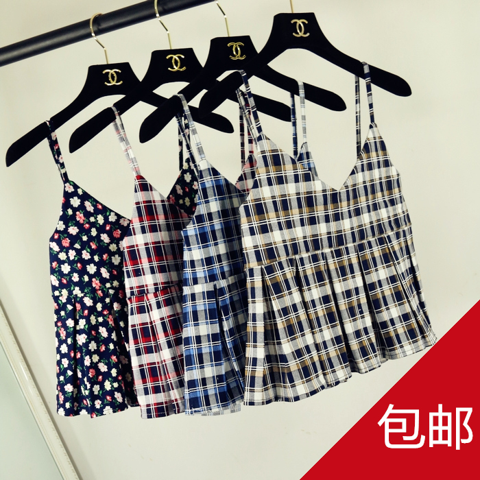 甜美VIVI杂志款LENA同款夏装复古百搭碎花V领百褶短款吊带衫上衣