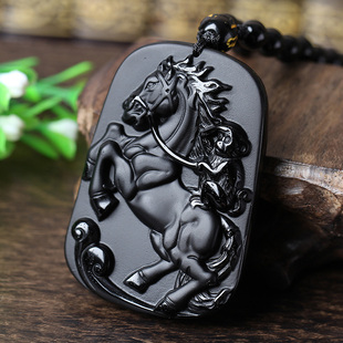 天然磨砂黑曜石白泽封侯吉宏吊坠项链2026年生肖蛇佩戴属蛇转运珠