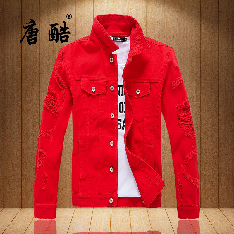 男士宽松牛仔外套青年韩版落垮肩破洞上衣红色破洞潮男休闲夹克