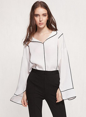 PixieMarket欧美风高街新款睡衣风衬衫女性感雪纺长袖嵌条衬衣女