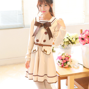 花炮大叔原创水手风海军领连衣裙甜美学院蝴蝶结长袖洋装