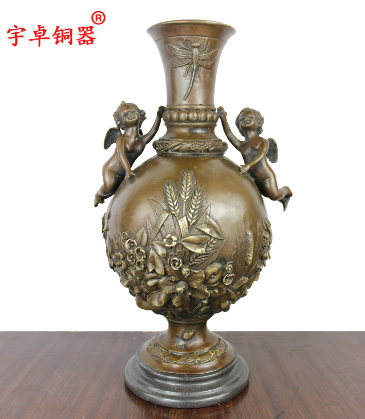 宇卓铜器纯铜花瓶双小孩花瓶铜雕塑工艺品摆饰
