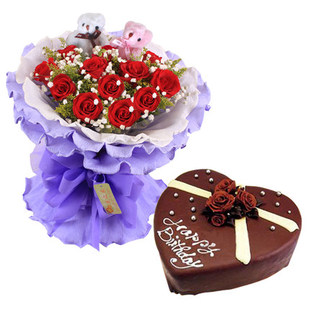 红玫瑰19朵8寸蛋糕上海鲜花蛋糕配送同城生日祝福鲜花速递