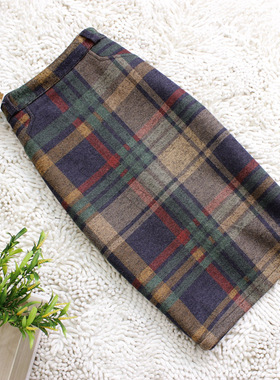 后开叉格子高腰包臀裙皮带中裙显瘦文艺复古半身裙2023秋冬新款