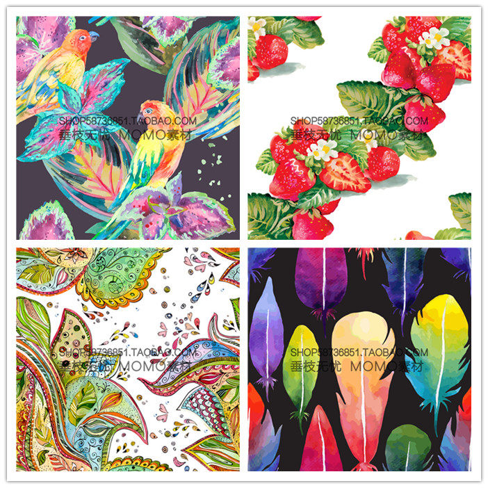 A0023矢量唯美水彩花朵花纹羽毛草莓小鸟四方连续纹样 AI设计素材