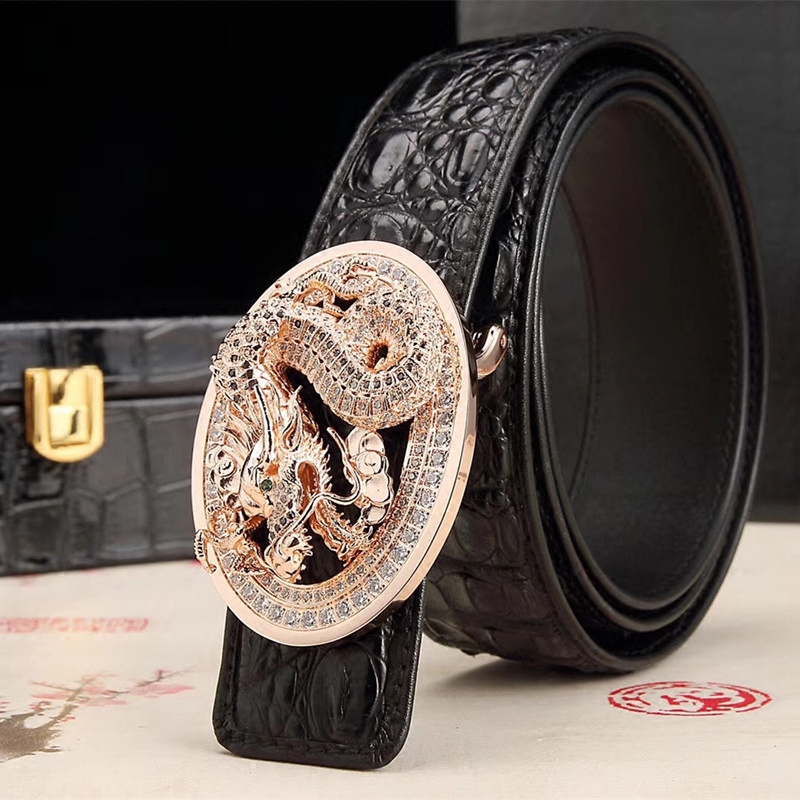 霸气云龙扣泰国鳄鱼背骨皮包边皮带生肖龙头镶钻男士真鳄鱼裤腰带