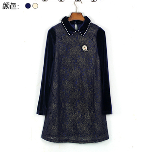 秒杀清仓 依系列春丝绒小翻领烫金蔷薇浮雕磨毛蕾丝宽松A字连衣裙