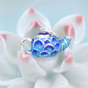 S925纯银珐琅烧蓝景泰蓝小茶壶吊坠 神灯 diy佛珠手串手链配件