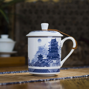 青花瓷大茶杯带盖大容量陶瓷水杯办公室茶杯景德镇青花瓷高档礼盒